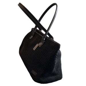 THE SAK Black Woven Crochet Knit Lined Shoulder Bag Purse Leather Straps 16x7x5‎